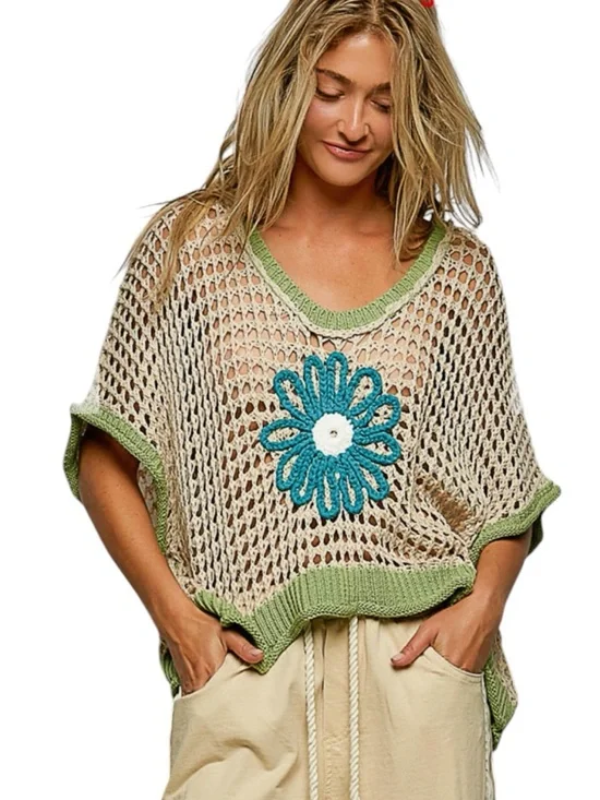 593: POL NEW CROCHET TOP BEIGE SAGE (H2) - Picture 1 of 1